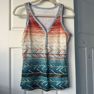 Colorful Ombré Green Cream Coral V-Neck Henley Style Tank - Small